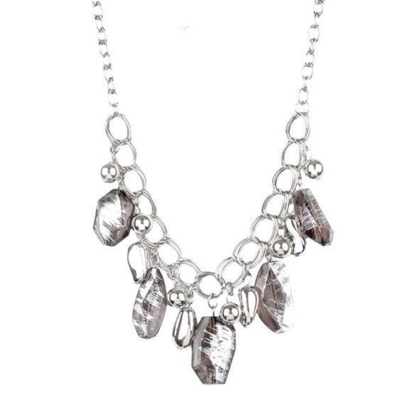 Black + Gray Metallic Chrome Mismatched Adjustable Beaded Necklace Silver Tone - Picture 2 of 4